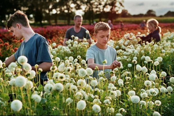 Bild: Die beiden Jungen stehen in einem blÃ¼henden Feld von weiÃŸen Blumen. Im HIntergrund stehen noch ein Mann und eine Frau.