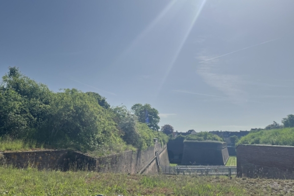 Bild: Ein Blick von den Wällen der Zitadelle in den Zitadellengraben bei strahlendem Sonnenschein.