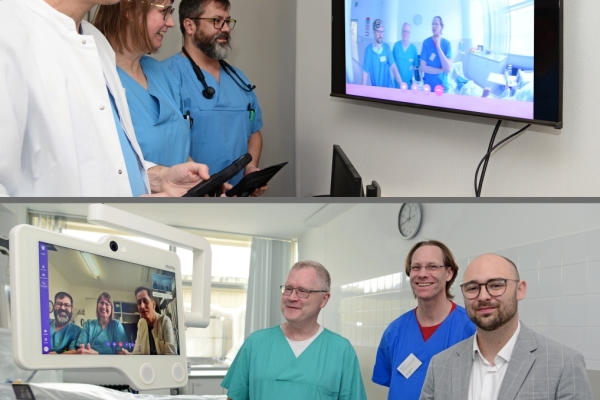 Bild: Telemedizinisch verbunden: Krankenhaus Jülich (o) und Krankenhaus Düren (u) nutzen „Mona“ schon länger zum Austausch mit der Uniklinik Aachen und jetzt auch zur direkten Kommunikation miteinander.