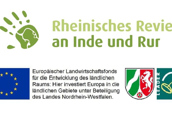 Bild: Logos der EuropÃ¤ischen Union, des Landes NRW und LEADER sowie der LAG Rheinisches Revier an Inde und Rur