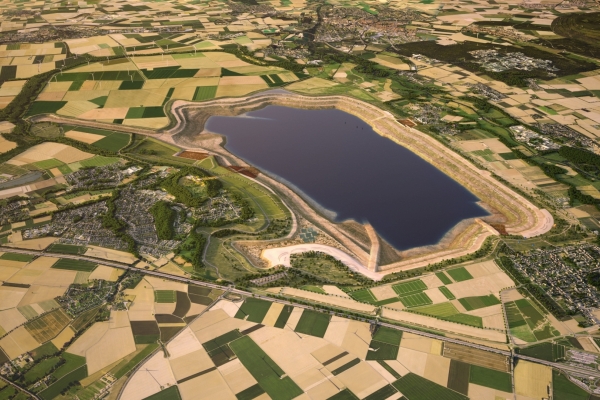 Bild: Das Bild zeigt den Indesee im Jahr 2035, wenn er zu etwa einem Viertel gefüllt ist. Die Wasserfläche wird dann bereits rund 7 km² betragen. Die Stadt Jülich ist am oberen Bildrand zu sehen. Bildcredit: indeland GmbH/HHVISION