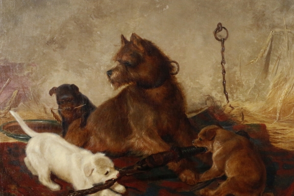 Blickpunktführung „Tierisch was los“ in der Landschaftsgalerie Bild: Lachenwitz - Spielende Hunde Inv. Nr. 2018-0144. Foto: Stadt Jülich / Museum Zitadelle