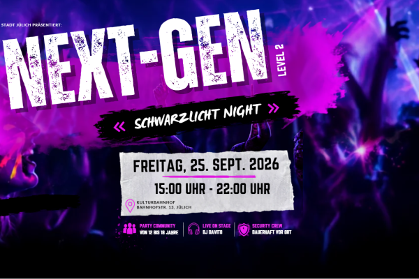 Plakat in dunklen schwarz und lila Farbtönen, weißer Text: NEXT-GEN 
