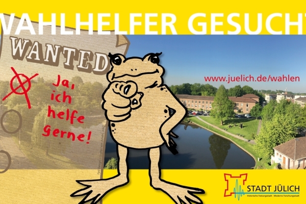 Wahlhelferinnen und Wahlhelfer gesucht Bild: Der Jülicher Muttkrat (Kröte) ruft zur Hilfe bei den Wahlen auf.