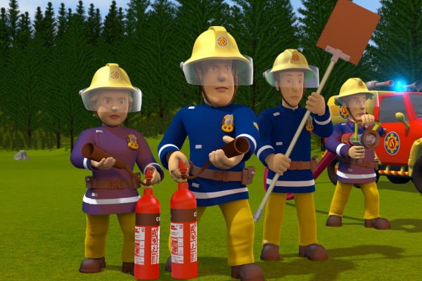 Feuerwehrmann Sam Bild: Sam mit 2 weiteren Feuerwehrmännern und eine Feuerwehrfrau