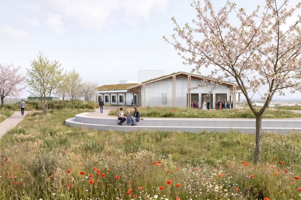 Bild: Ein neuer Anlaufpunkt auf der Sophienhöhe macht die Entwicklung im NEULAND HAMBACH sichtbar. Bild: BIZ Sophienhöhe_Außenbereich mit Trauzimmer@Architekturkollektiv pvma