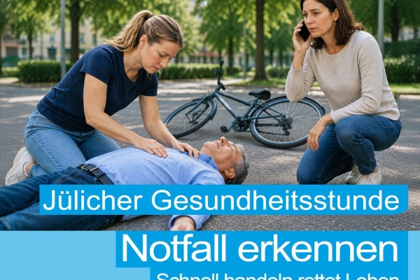Ein Mann liegt mit geschlossenen Augen auf der Straße auf dem Rücken, zwei Frauen knien neben ihm, eine mit einem Handy, im Hintergrund liegt ein Fahrrad.