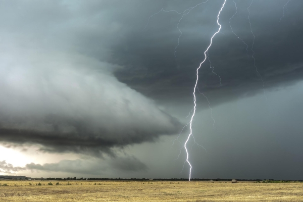 Gewitter Bild: Ein Blitz schlägt in ein Feld