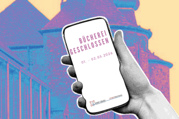 Bild: Eine Hand hält ein Smartphone. Darauf steht, dass die Stadtbücherei geschlossen ist.