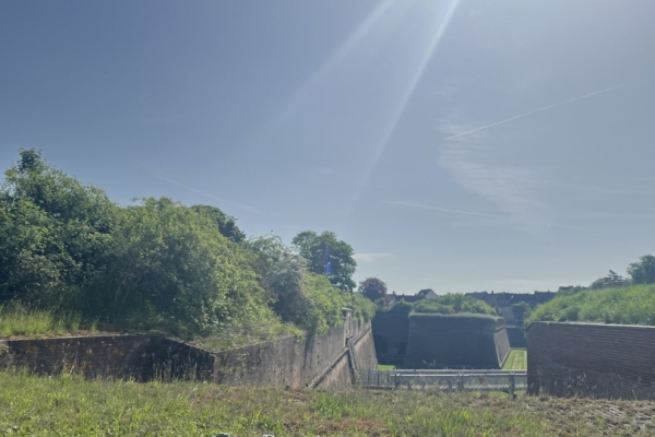 Bild: Ein Blick von den Wällen der Zitadelle in den Zitadellengraben bei strahlendem Sonnenschein.