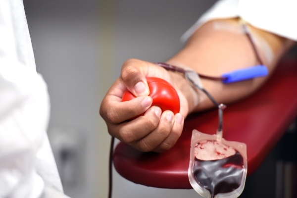 Bild: Es wird ein Arm gezeigt, dem eine Blutspende entnommen wird. Im Vordergrund sieht man einen sich fÃ¼llenden Beutel mit Blut.