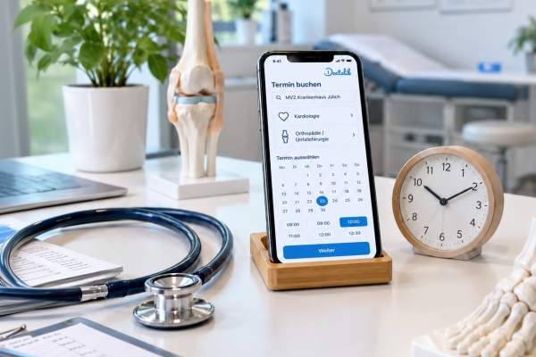 auf einem Tisch stehen ein Handy mit Terminkalender, eine Uhr, ein Stethoskop, nachgebildete Gelenke, eine Pflanze, im Hintergrund eine Liege
