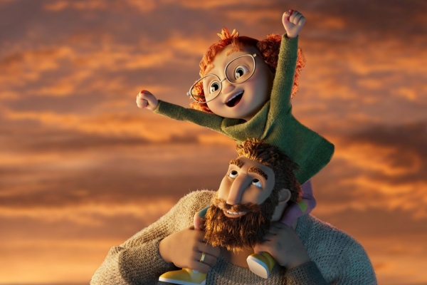 Bild: Hedvig sitzt lachend auf den Schultern ihres Vaters (Animationsfilm)