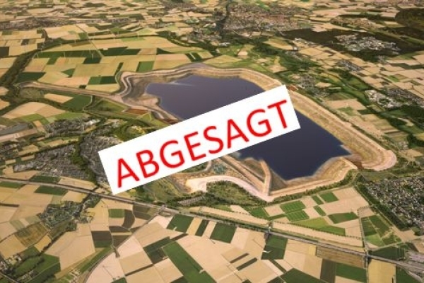 „indeland im Gespräch“ wird abgesagt Bild: Der Indesee im Jahr 2035, wenn er zu etwa einem Viertel gefüllt sein wird. Die Wasserfläche wird dann bereits rund 7 km² betragen. Bild: indeland GmbH/HHVISION - Darüber der Text: Abgesagt wg. Hitze