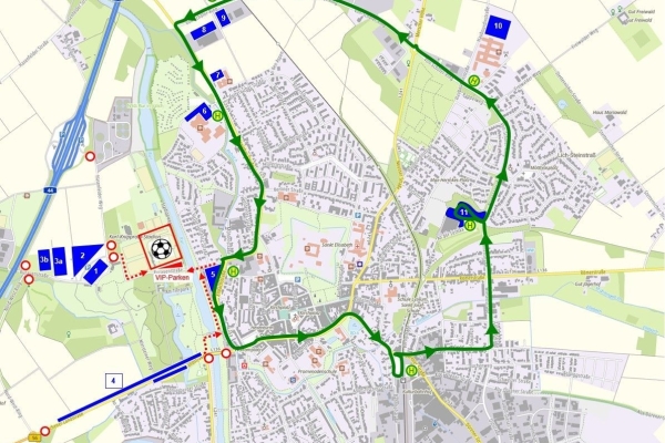 Bild: Karte mit Parkplätzen und Shuttle-Bus-Route mit Haltestellen. Bild: Veranstalter