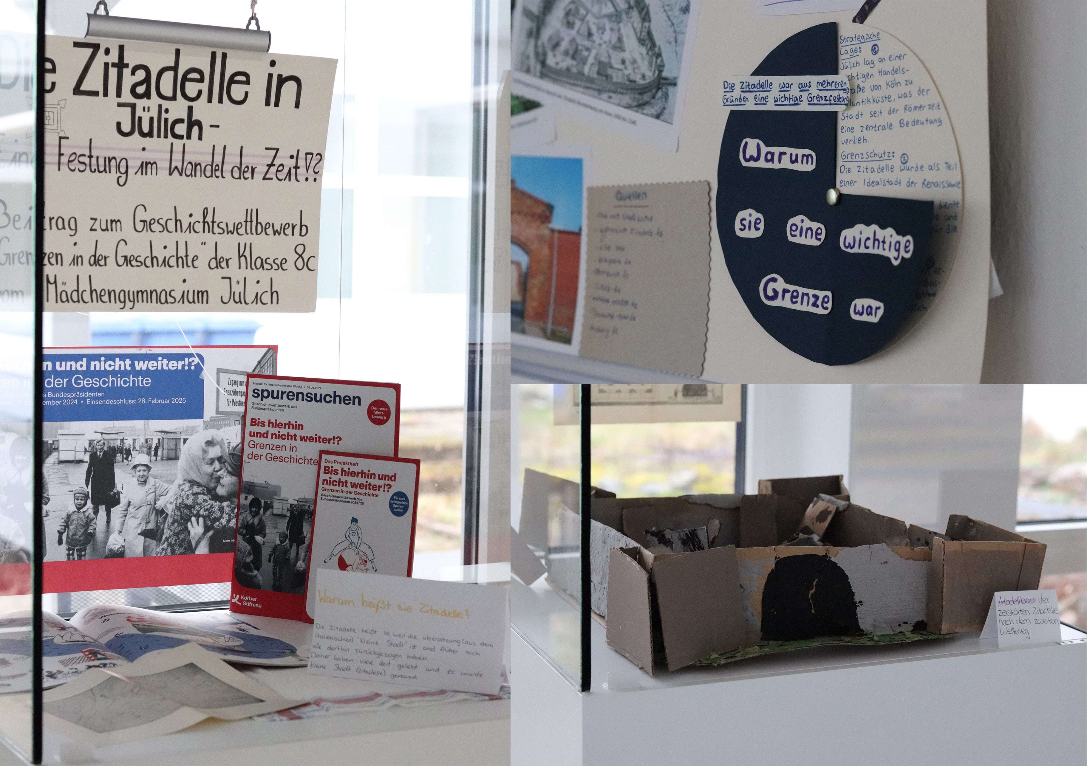 Fotocollage aus Exponaten: l.: Einführung in das Thema und Bezug zum Geschichtswettbewerb; r.o.: Ausschnitt aus dem Lap-Book; r.u.: Modellbau der zerstörten Zitadelle